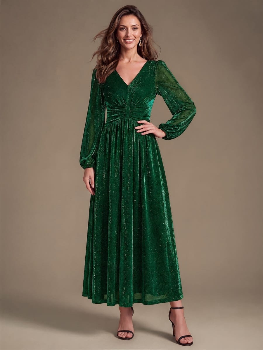 Lurex Mesh Puff Sleeve A-line Dress #color_Dark Green