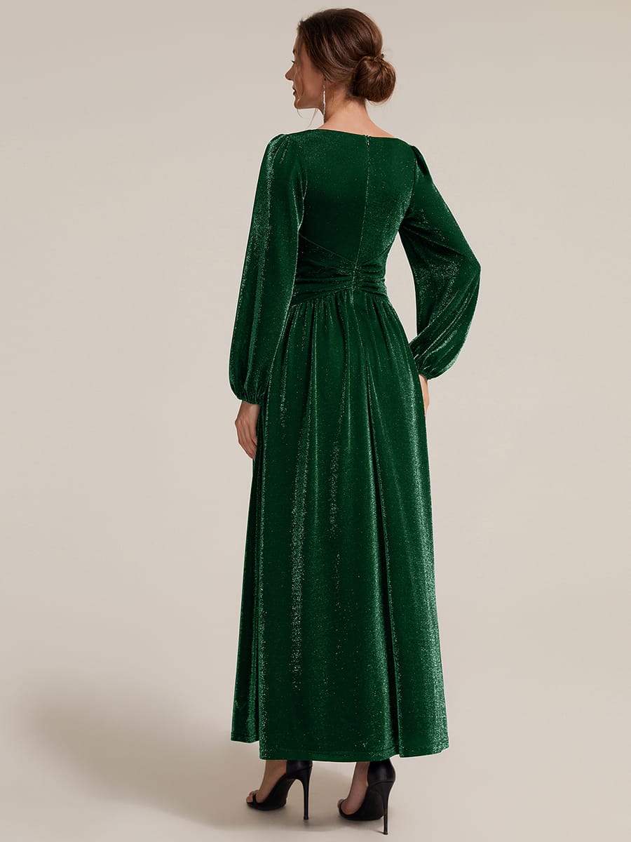 Lurex Mesh Puff Sleeve A-line Dress #color_Dark Green
