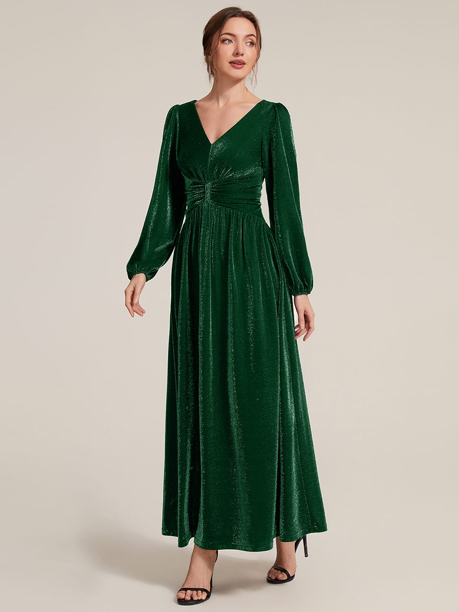 Lurex Mesh Puff Sleeve A-line Dress #color_Dark Green