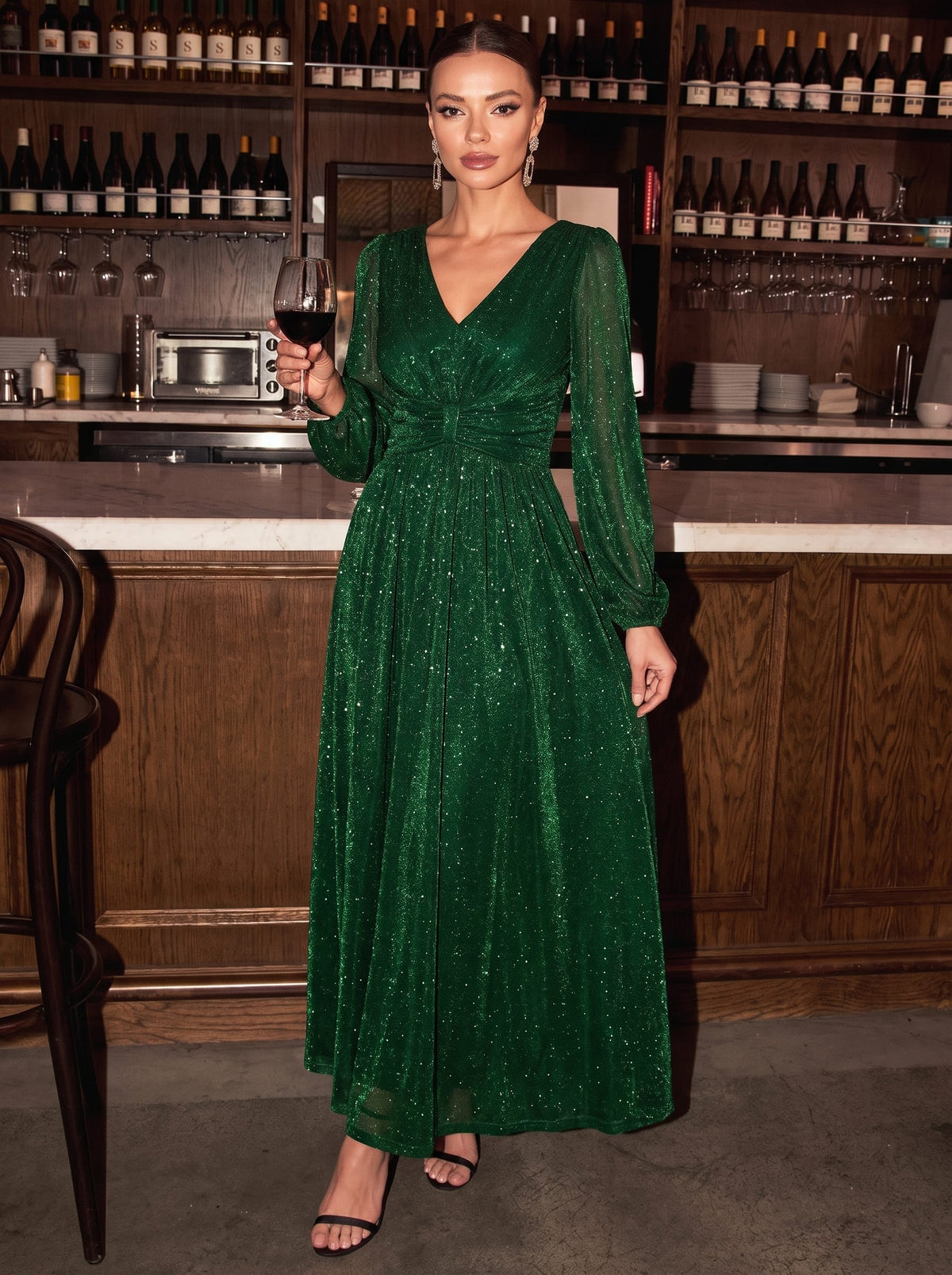 Lurex Mesh Puff Sleeve A-line Dress #color_Dark Green
