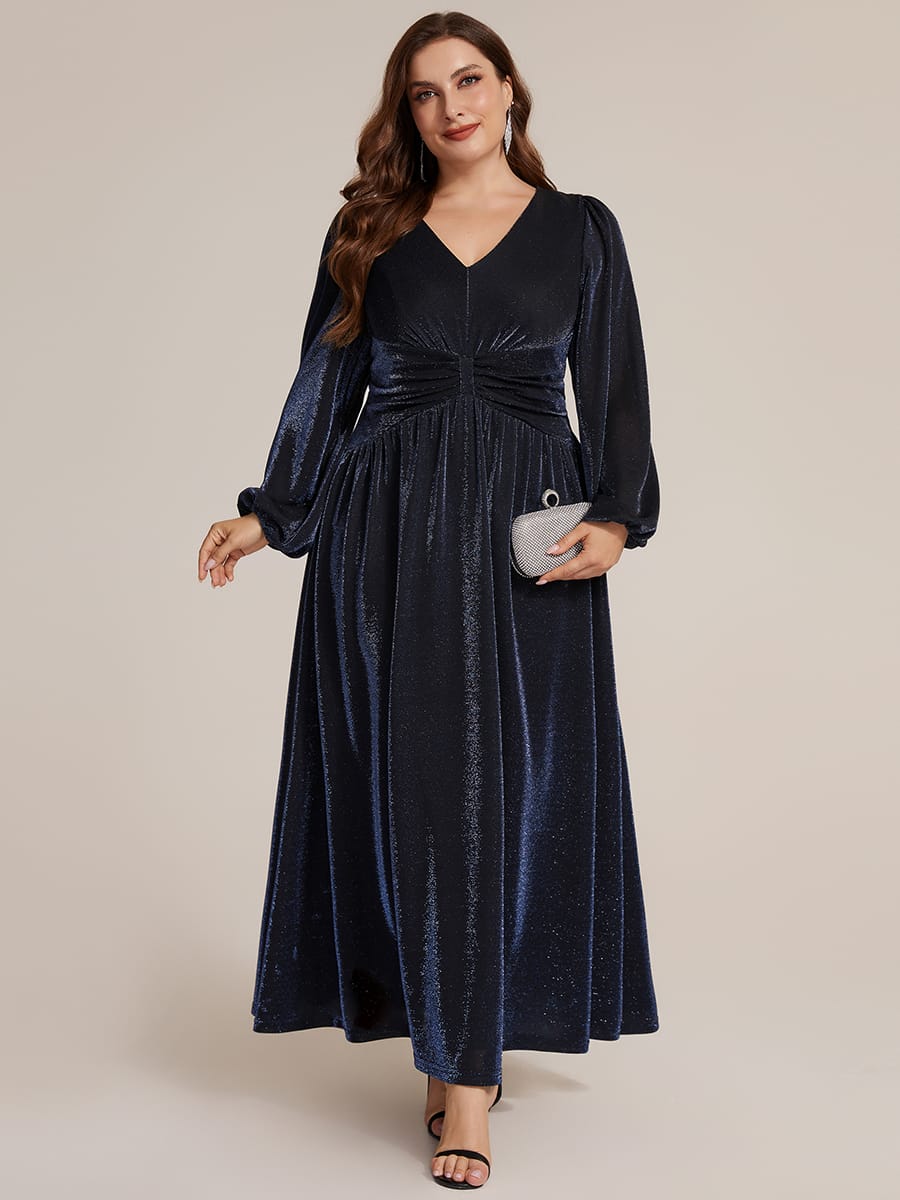 Lurex Mesh Puff Sleeve A-line Dress #color_Navy Blue