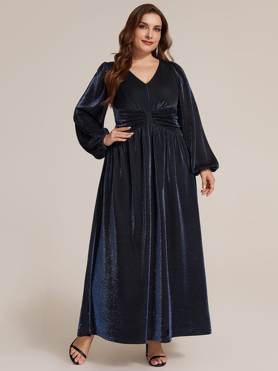 Lurex Mesh Puff Sleeve A-line Dress #color_Navy Blue