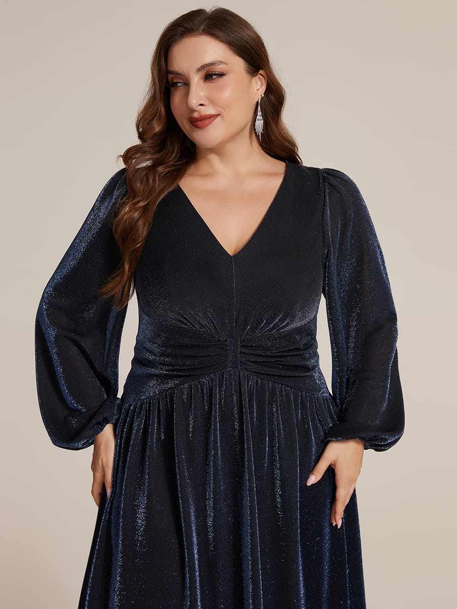 Lurex Mesh Puff Sleeve A-line Dress #color_Navy Blue