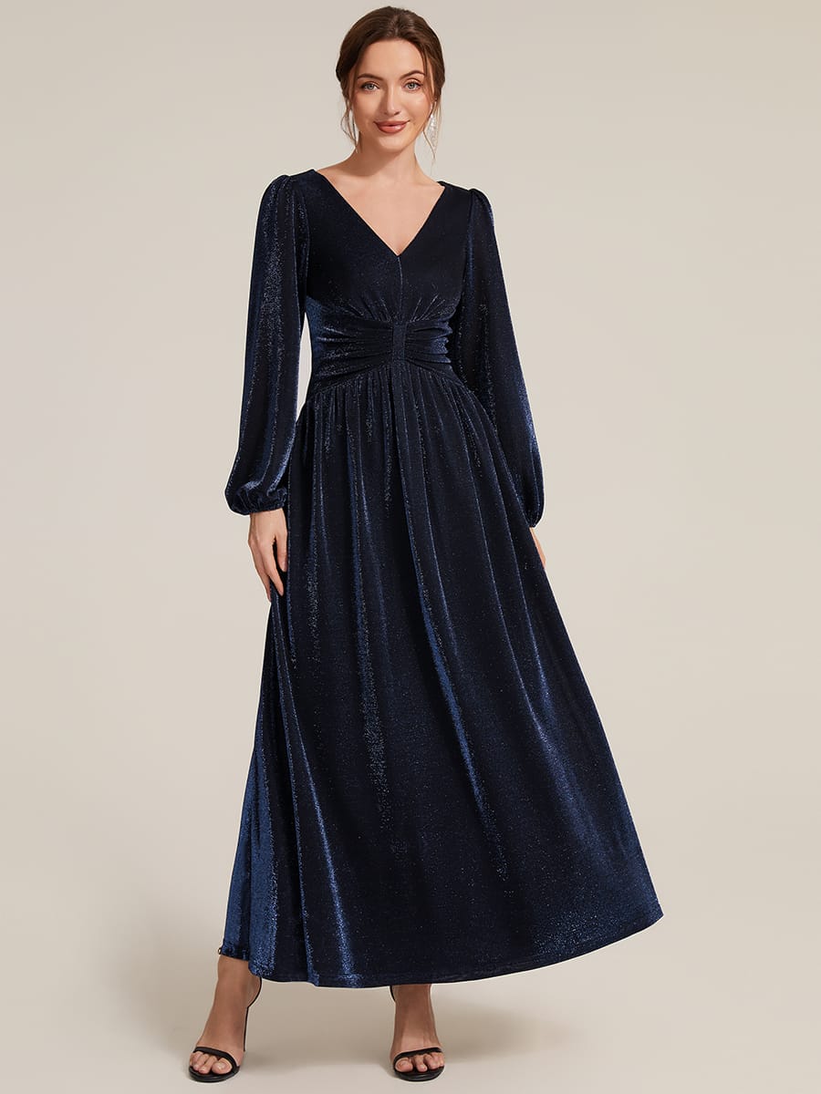 Lurex Mesh Puff Sleeve A-line Dress #color_Navy Blue