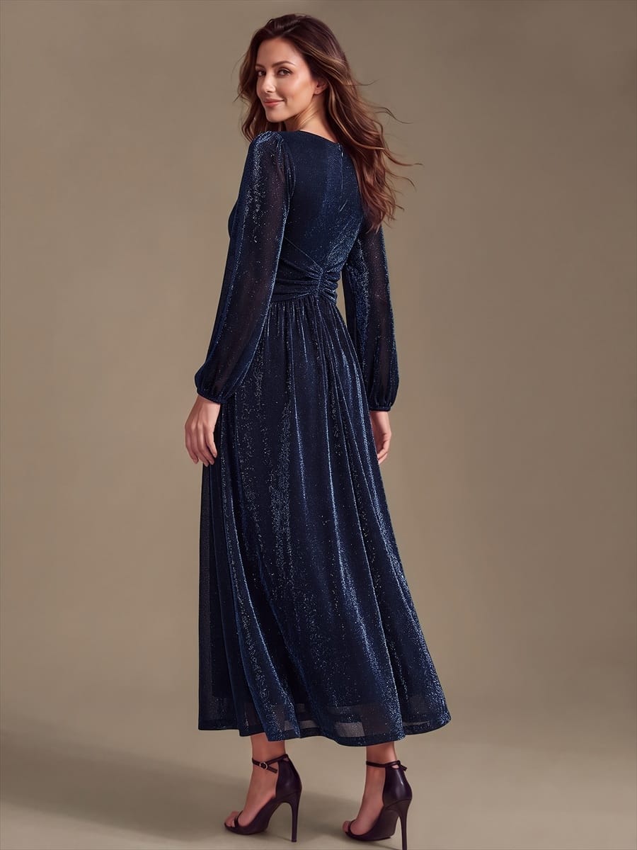Lurex Mesh Puff Sleeve A-line Dress #color_Navy Blue