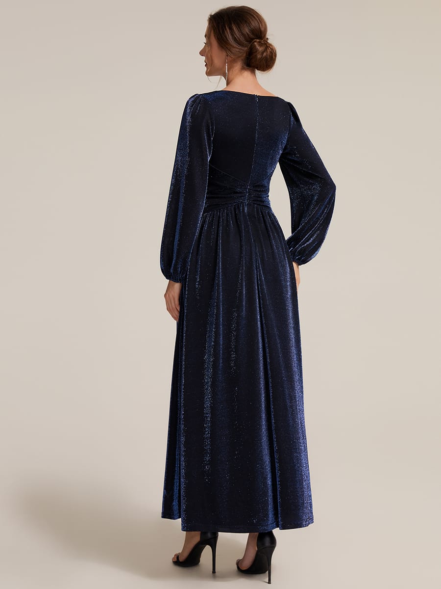 Lurex Mesh Puff Sleeve A-line Dress #color_Navy Blue
