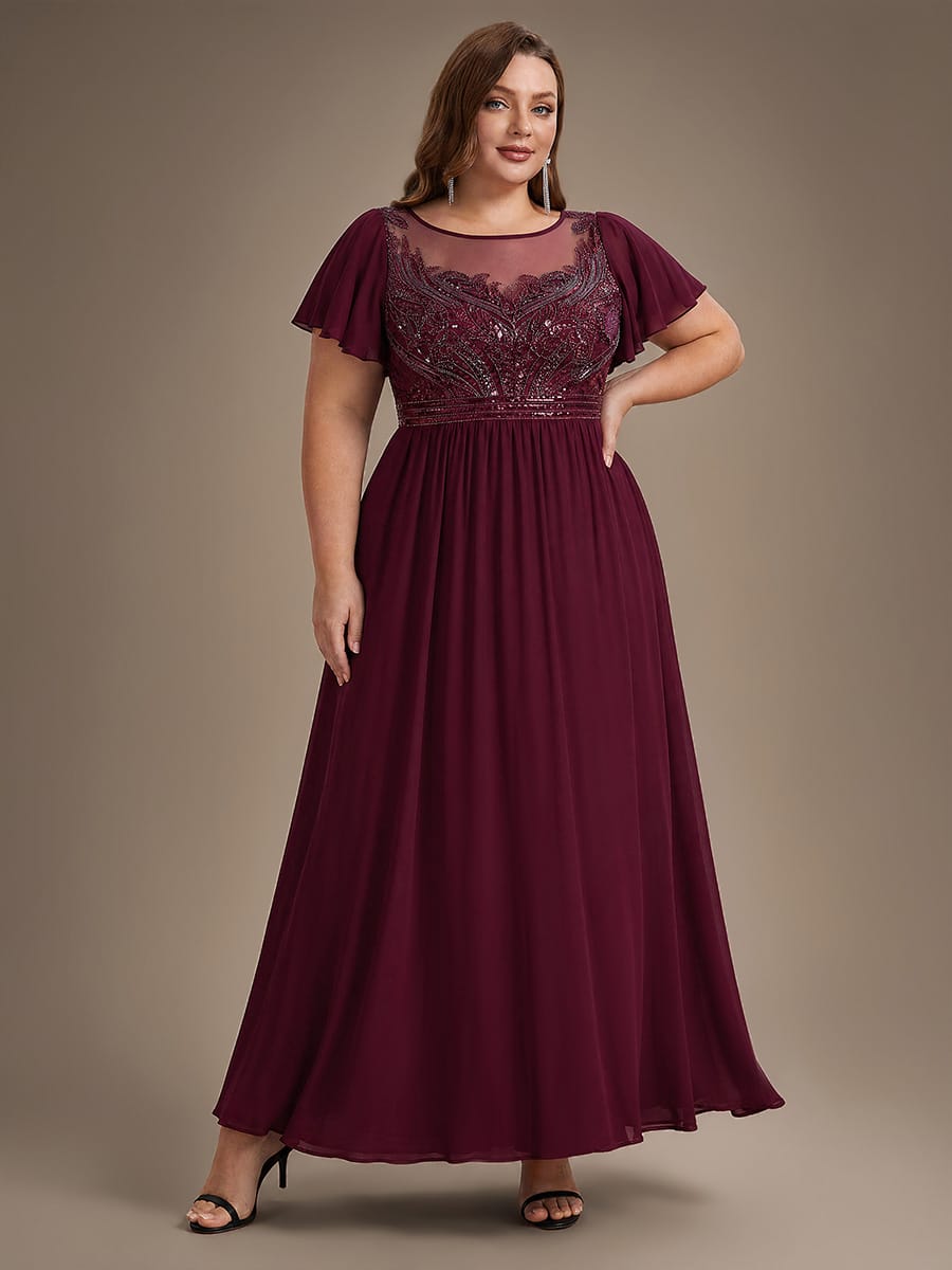 See-through Tulle Ruffle Sleeve Dress #color_Burgundy
