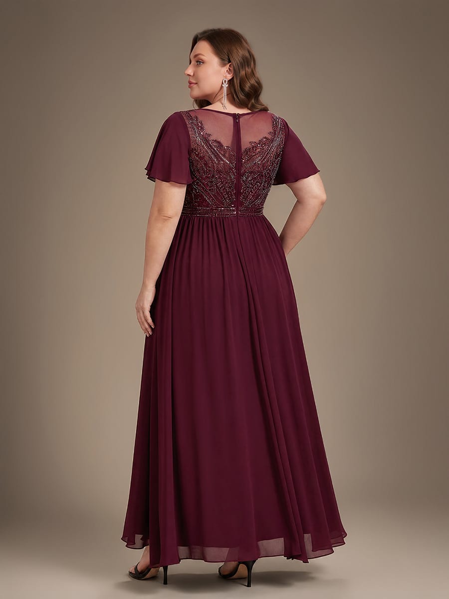 See-through Tulle Ruffle Sleeve Dress #color_Burgundy