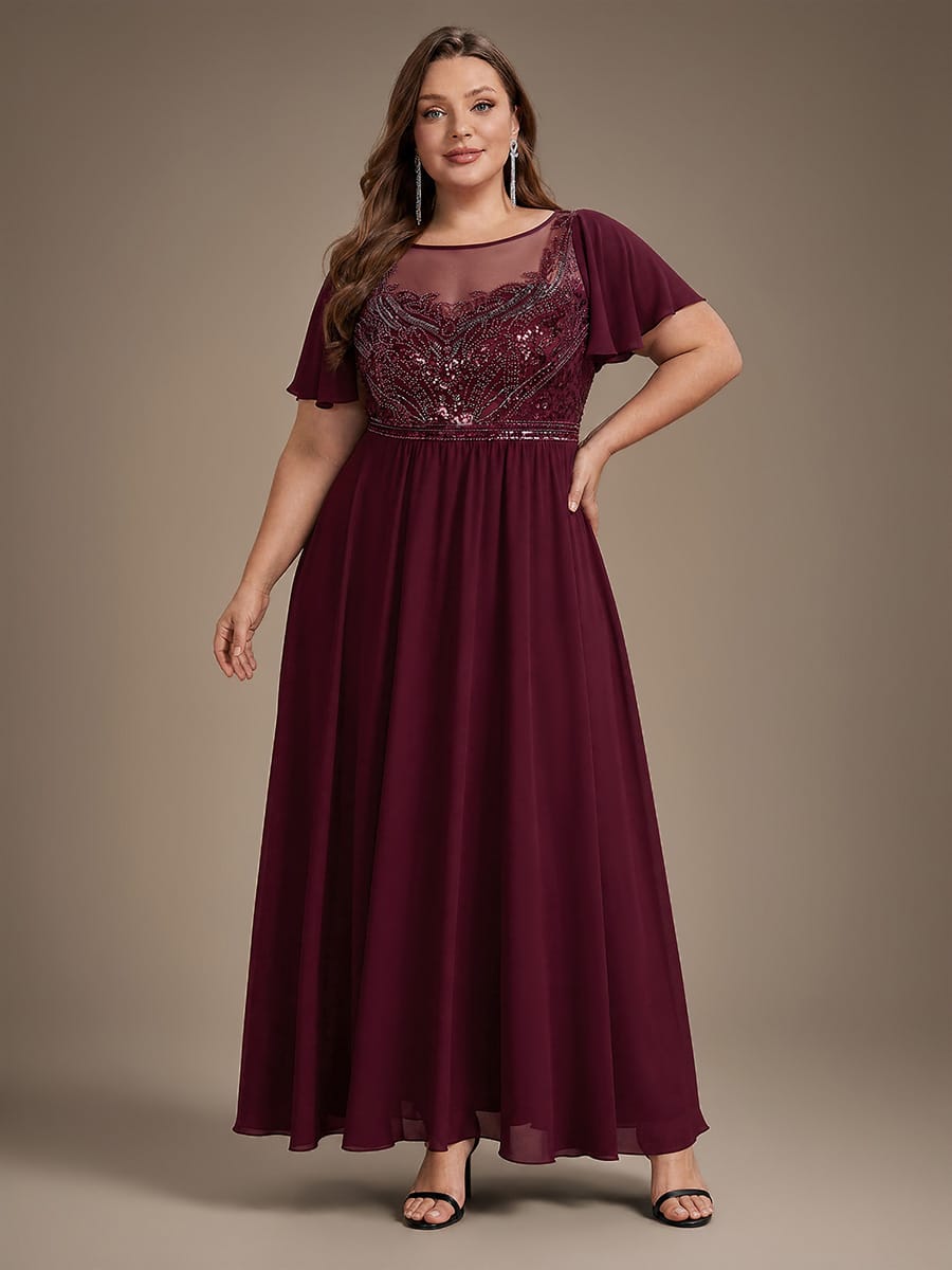 See-through Tulle Ruffle Sleeve Dress #color_Burgundy