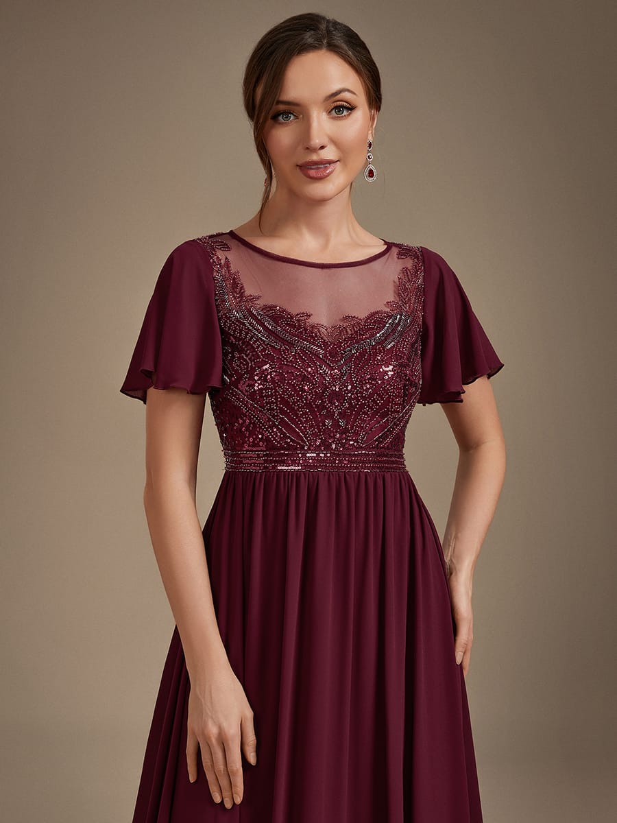 See-through Tulle Ruffle Sleeve Dress #color_Burgundy