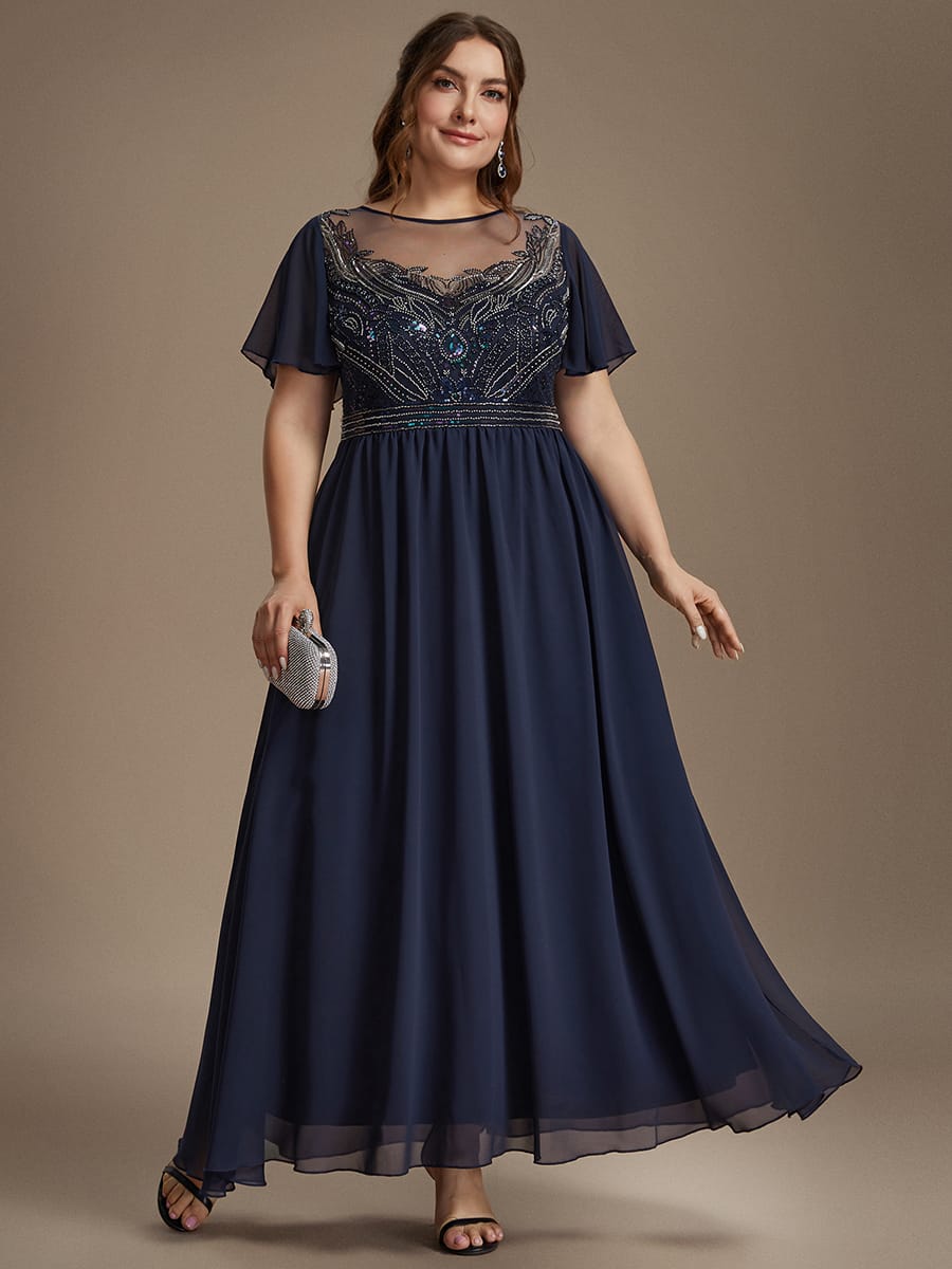 See-through Tulle Ruffle Sleeve Dress #color_Navy Blue