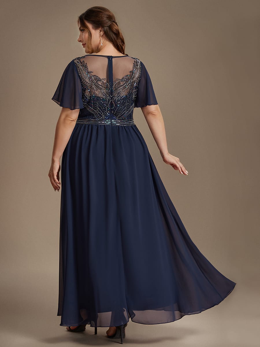 See-through Tulle Ruffle Sleeve Dress #color_Navy Blue