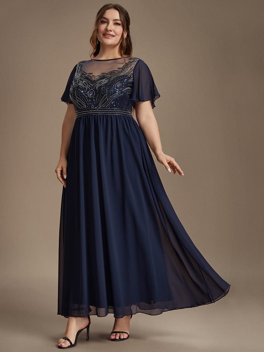 See-through Tulle Ruffle Sleeve Dress #color_Navy Blue