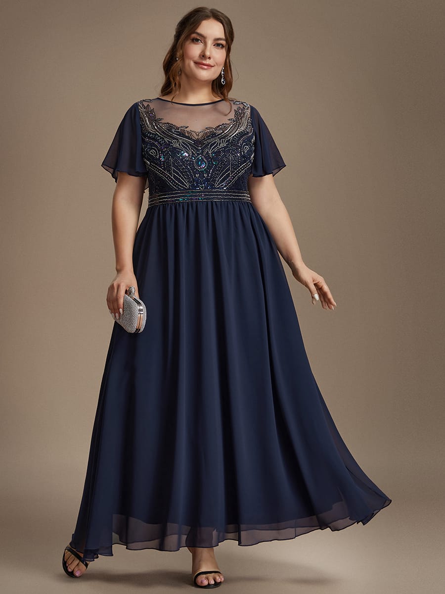 See-through Tulle Ruffle Sleeve Dress #color_Navy Blue