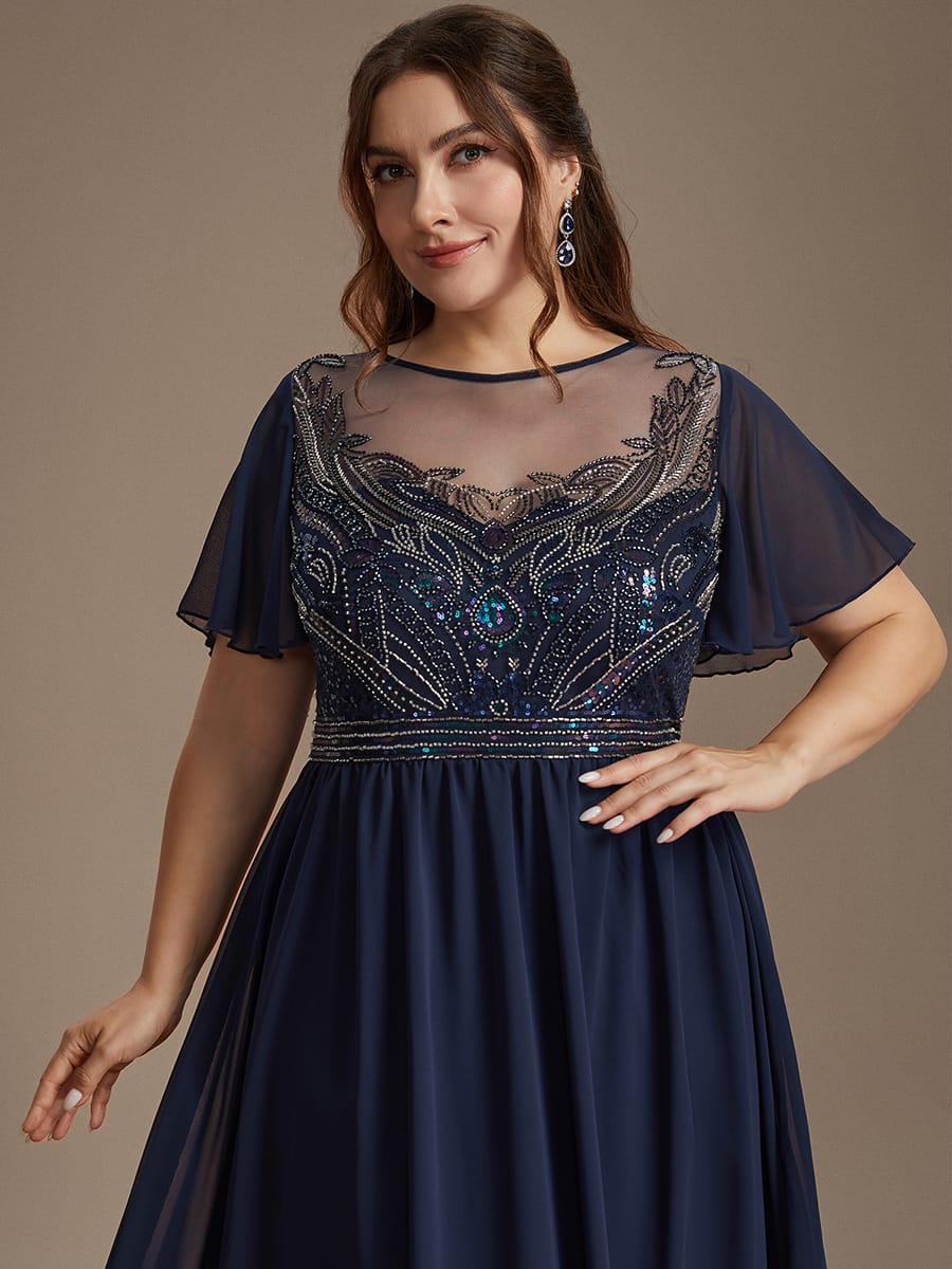 See-through Tulle Ruffle Sleeve Dress #color_Navy Blue