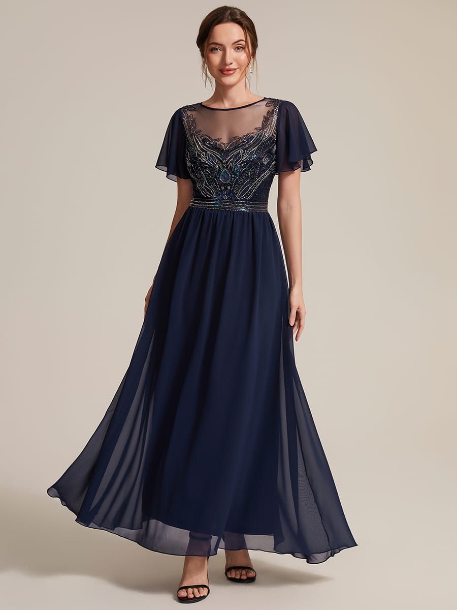 See-through Tulle Ruffle Sleeve Dress #color_Navy Blue