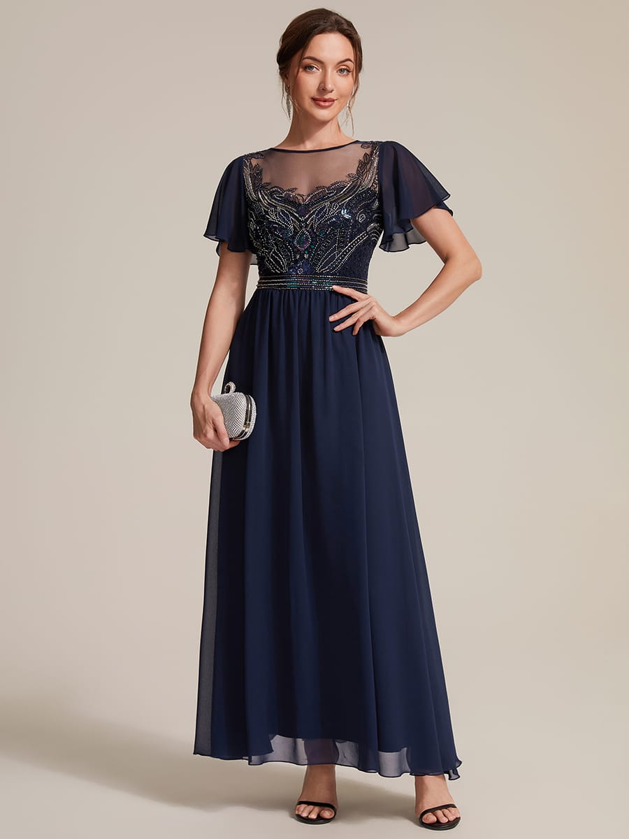 See-through Tulle Ruffle Sleeve Dress #color_Navy Blue