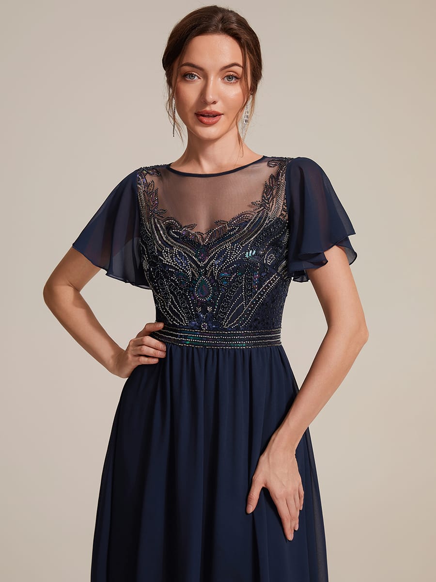 See-through Tulle Ruffle Sleeve Dress #color_Navy Blue