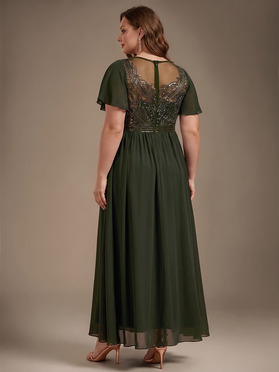 See-through Tulle Ruffle Sleeve Dress #color_Olive Green