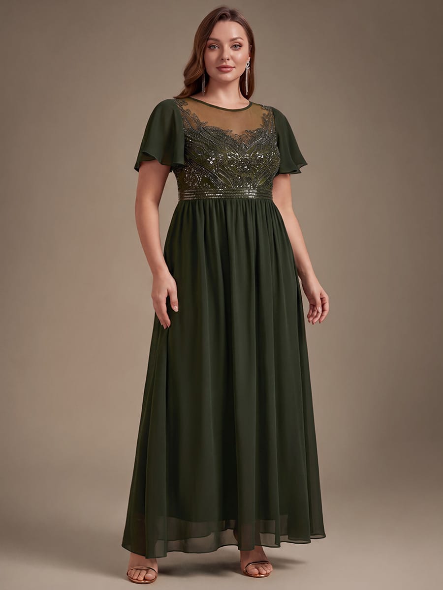 See-through Tulle Ruffle Sleeve Dress #color_Olive Green