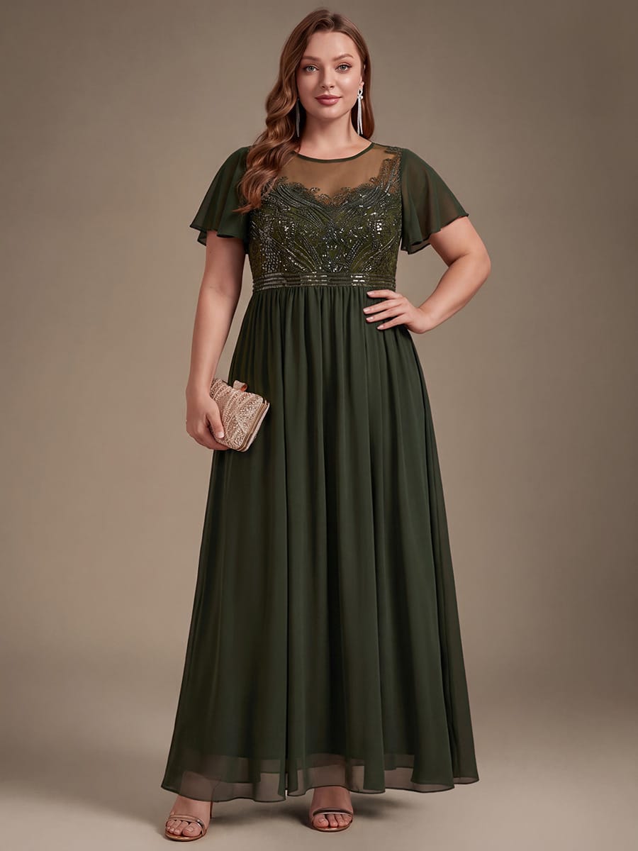 See-through Tulle Ruffle Sleeve Dress #color_Olive Green
