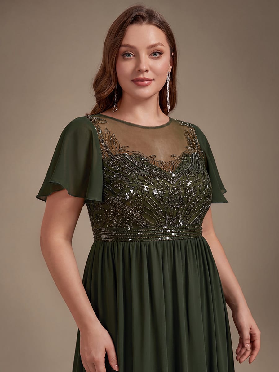 See-through Tulle Ruffle Sleeve Dress #color_Olive Green