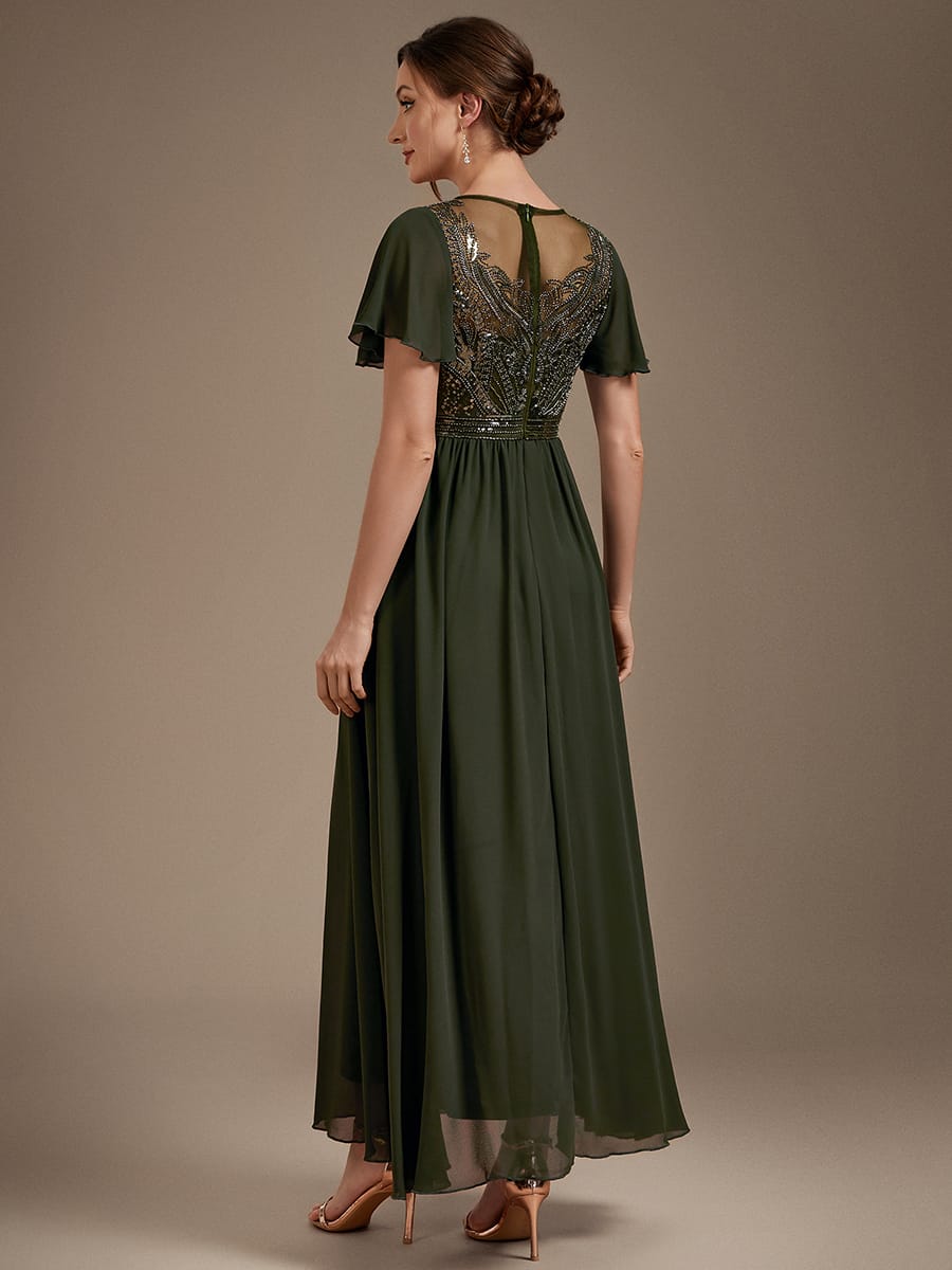 See-through Tulle Ruffle Sleeve Dress #color_Olive Green