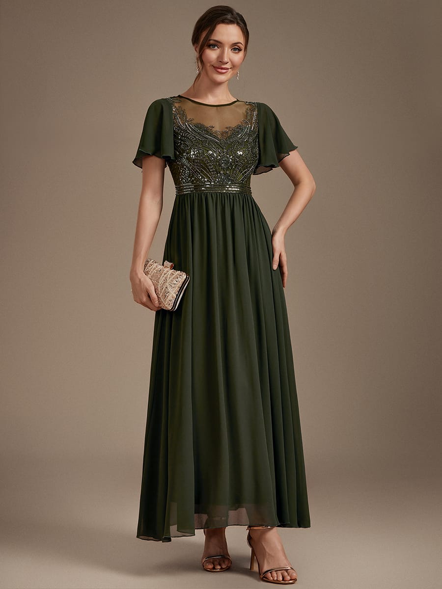 See-through Tulle Ruffle Sleeve Dress #color_Olive Green