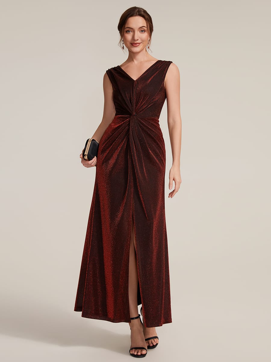 Slit Lurex Mesh Sleeveless Dress #color_Burgundy