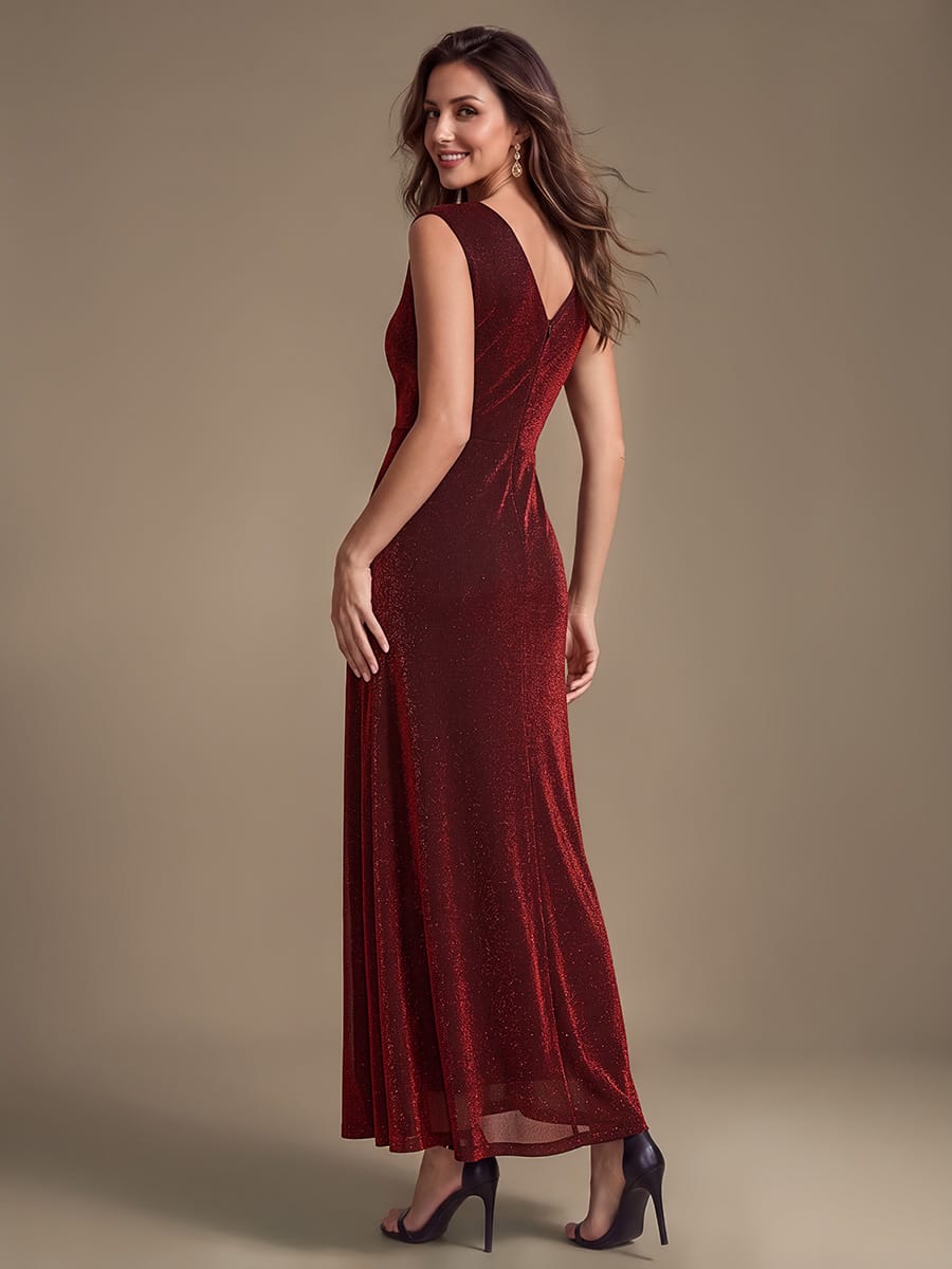 Slit Lurex Mesh Sleeveless Dress #color_Burgundy