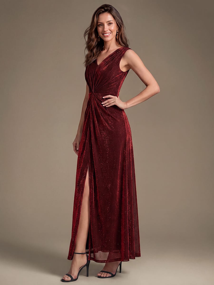 Slit Lurex Mesh Sleeveless Dress #color_Burgundy