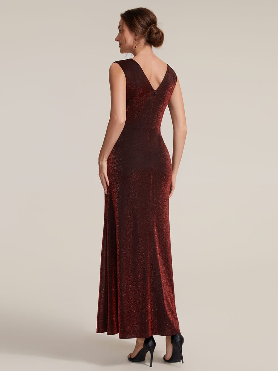 Slit Lurex Mesh Sleeveless Dress #color_Burgundy