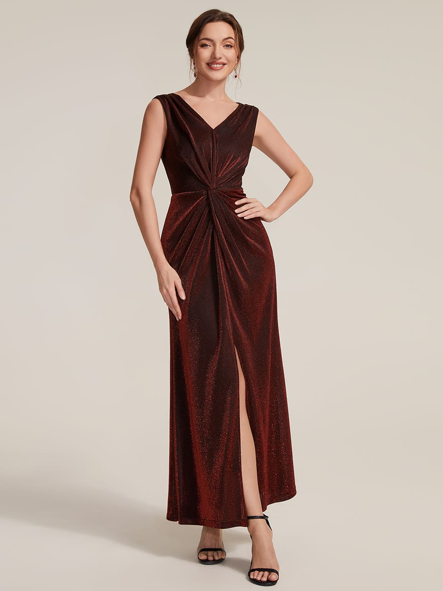 Slit Lurex Mesh Sleeveless Dress #color_Burgundy