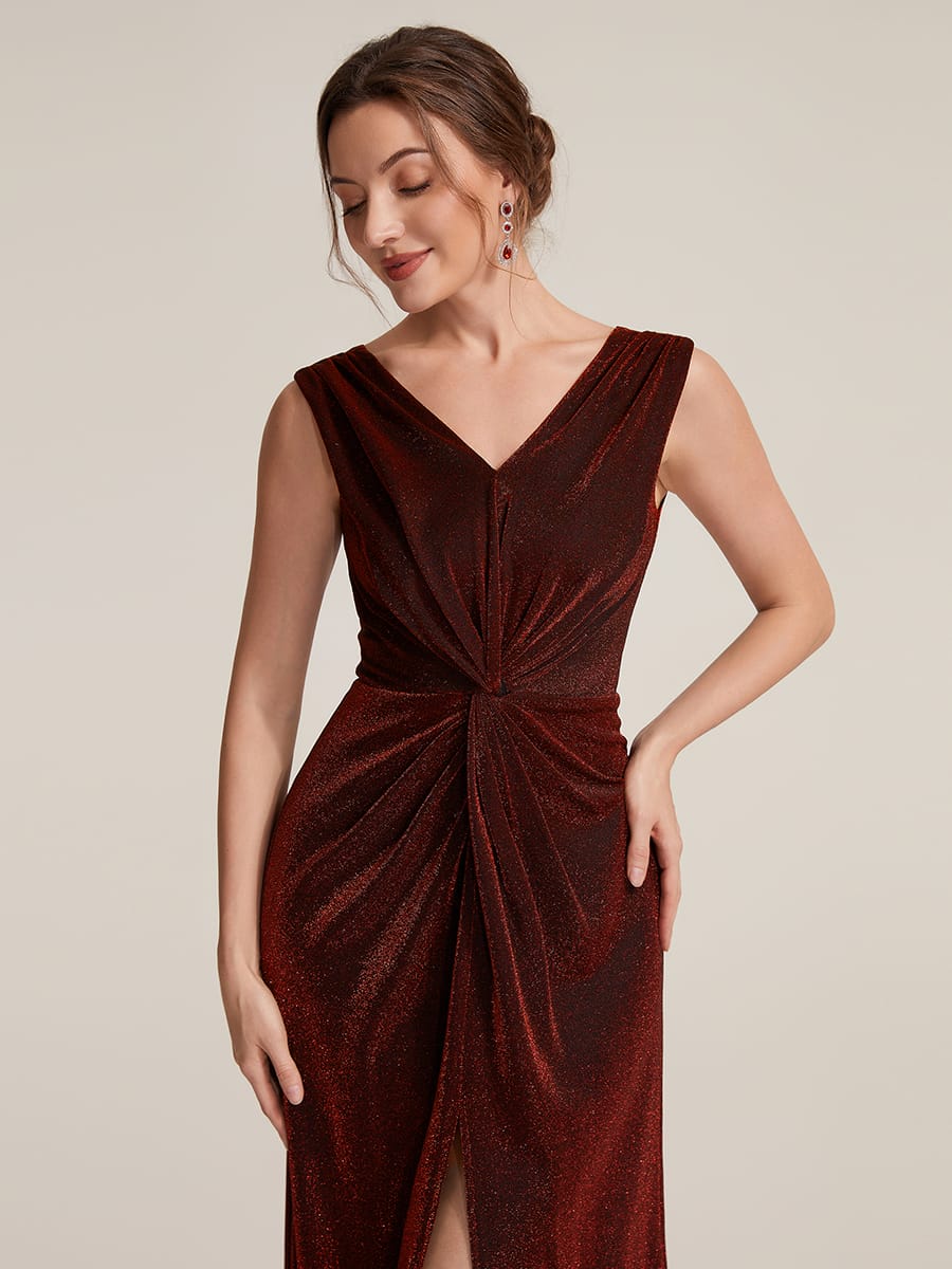 Slit Lurex Mesh Sleeveless Dress #color_Burgundy