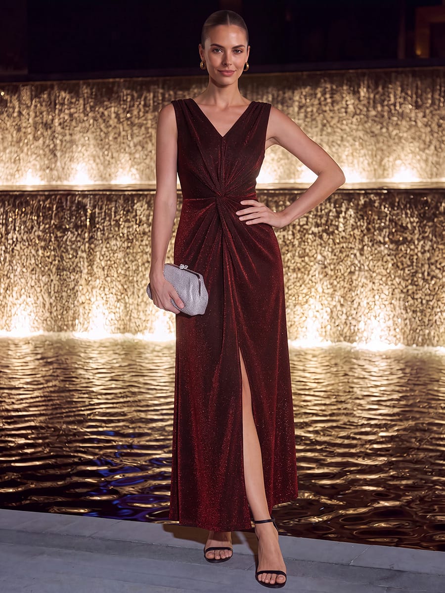 Slit Lurex Mesh Sleeveless Dress #color_Burgundy