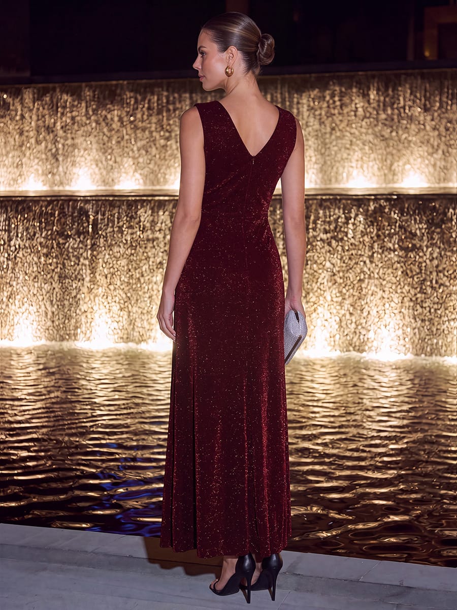 Slit Lurex Mesh Sleeveless Dress #color_Burgundy