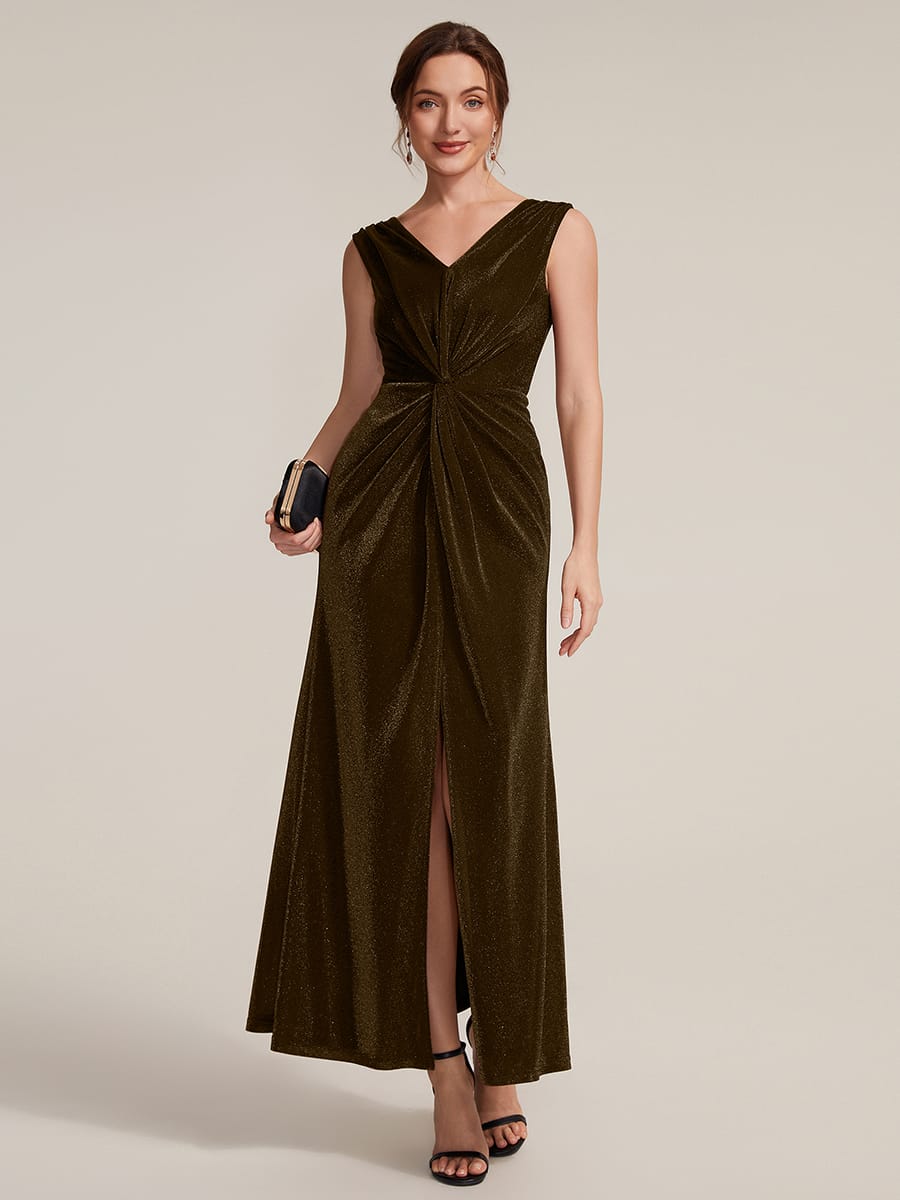 Slit Lurex Mesh Sleeveless Dress #color_Brown