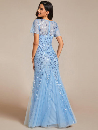 Sequin Leaf Maxi Long Fishtail Tulle Prom Dresses With Half Sleeves #color_Sky Blue