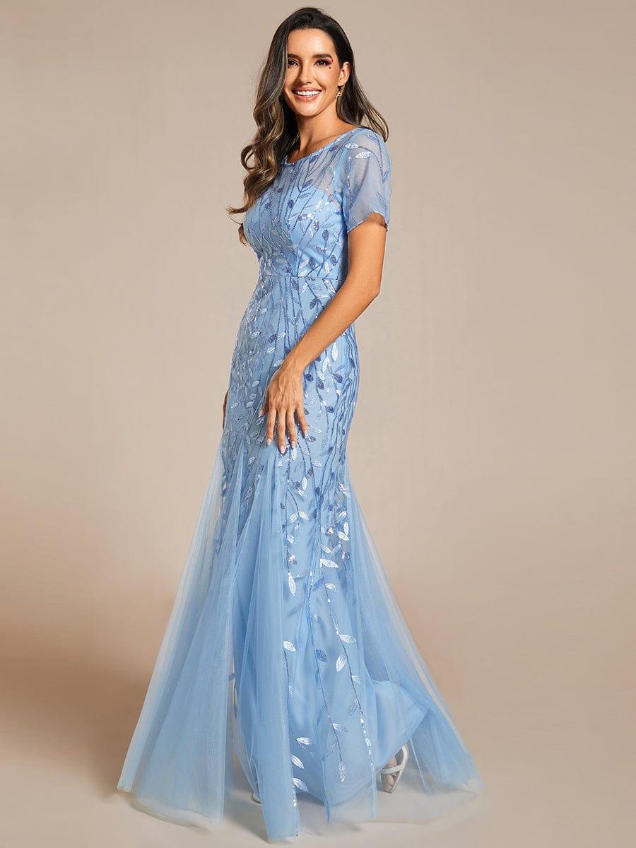 Sequin Leaf Maxi Long Fishtail Tulle Prom Dresses With Half Sleeves #color_Sky Blue