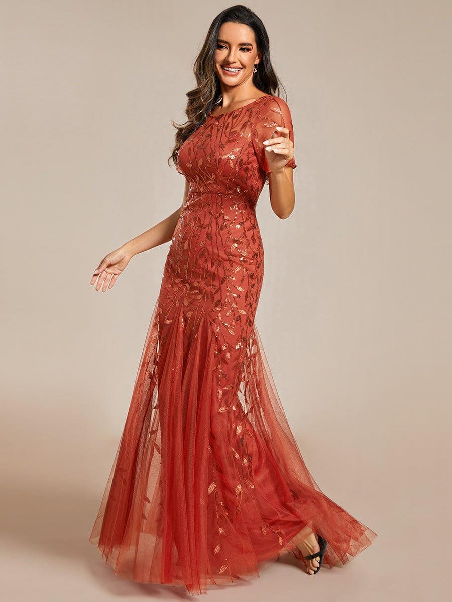 Sequin Leaf Maxi Long Fishtail Tulle Prom Dresses With Half Sleeves #color_Burnt Orange