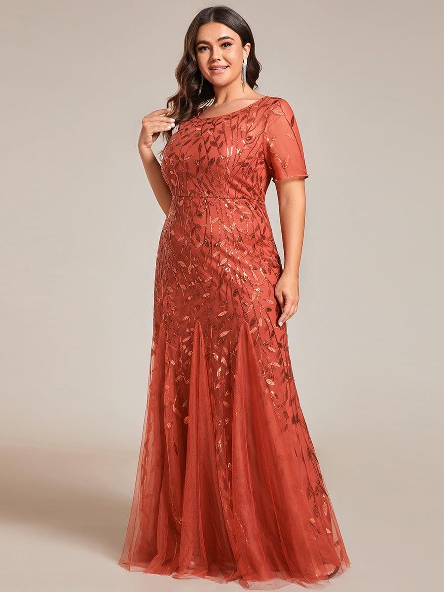 Sequin Leaf Maxi Long Fishtail Tulle Prom Dresses With Half Sleeves #color_Burnt Orange
