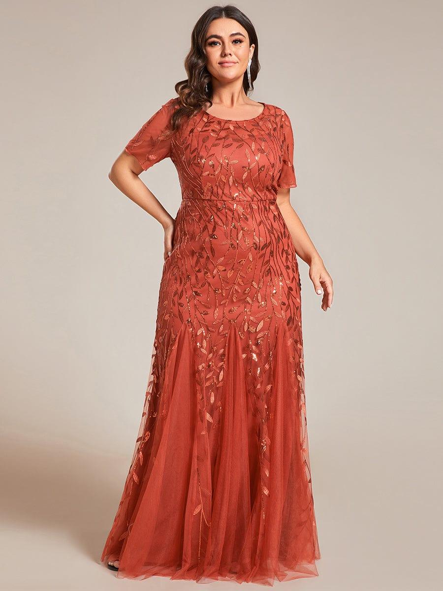 Sequin Leaf Maxi Long Fishtail Tulle Prom Dresses With Half Sleeves #color_Burnt Orange