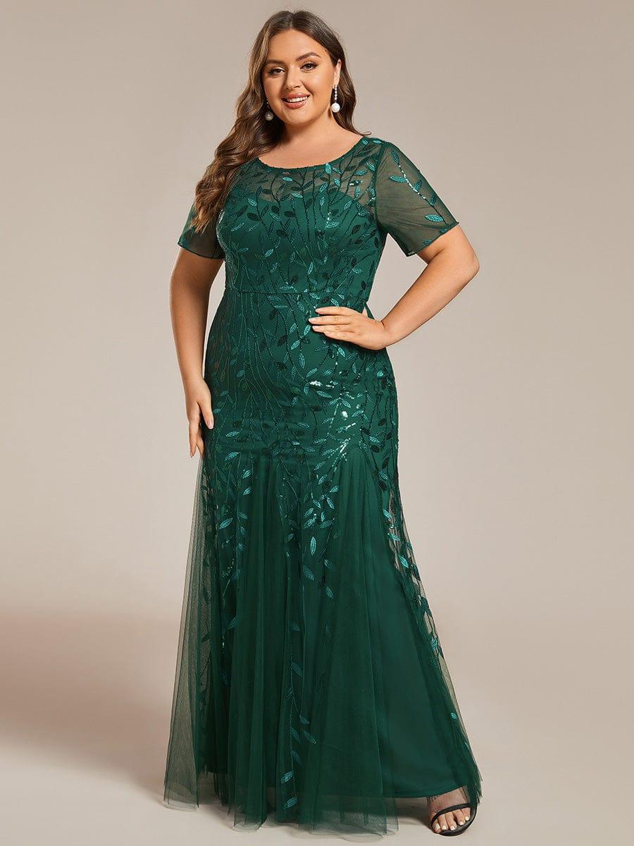 Sequin Leaf Maxi Long Fishtail Tulle Prom Dresses With Half Sleeves #color_Dark Green