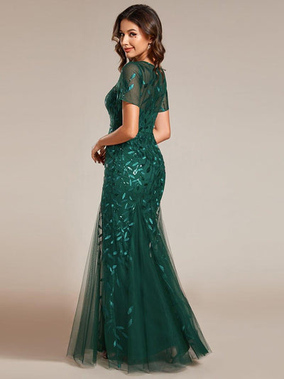 Sequin Leaf Maxi Long Fishtail Tulle Prom Dresses With Half Sleeves #color_Dark Green