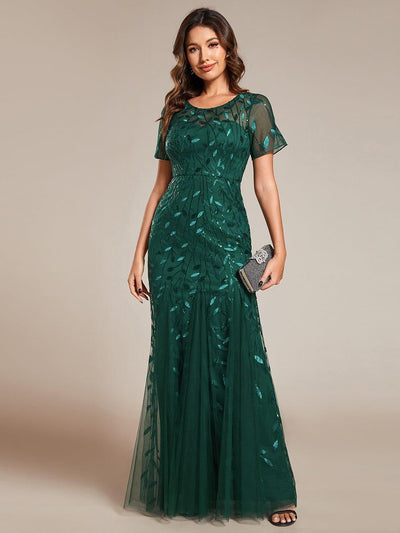 Sequin Leaf Maxi Long Fishtail Tulle Prom Dresses With Half Sleeves #color_Dark Green