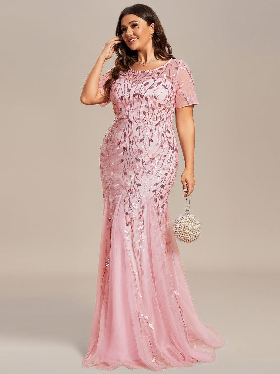 Sequin Leaf Maxi Long Fishtail Tulle Prom Dresses With Half Sleeves #color_Pink