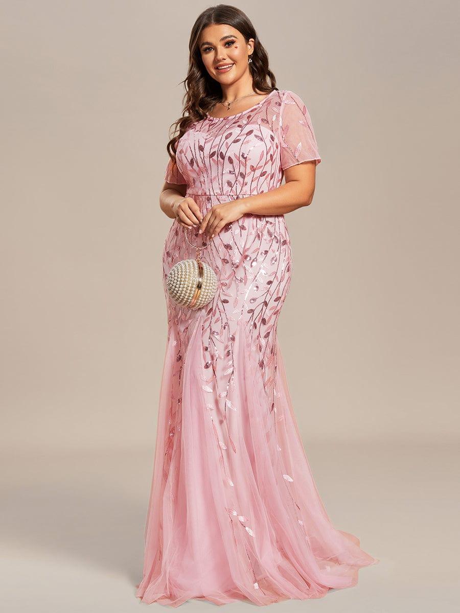 Sequin Leaf Maxi Long Fishtail Tulle Prom Dresses With Half Sleeve #color_Pink