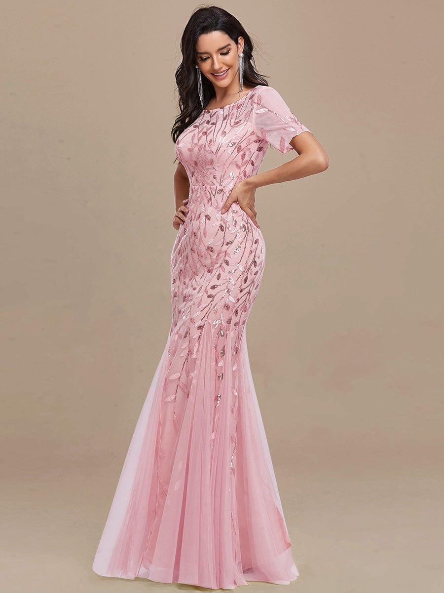 Sequin Leaf Maxi Long Fishtail Tulle Prom Dresses With Half Sleeves #color_Pink