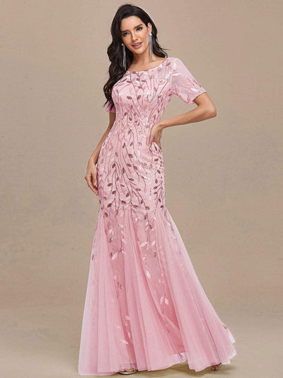 Sequin Leaf Maxi Long Fishtail Tulle Prom Dresses With Half Sleeves #color_Pink