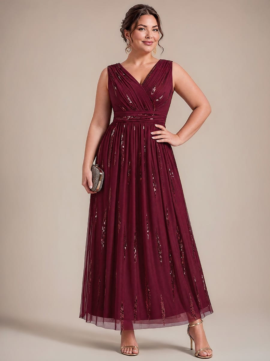 Tulle Sleeveless A-line Dress #color_Burgundy